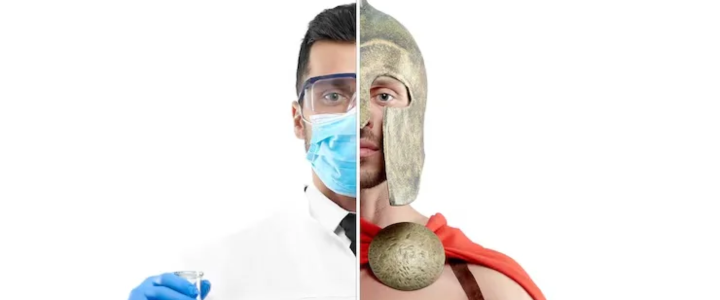 A creative comparison showing a modern-day chemist on one side and an ancient warrior on the other, highlighting contrasts in health beliefs and practices.